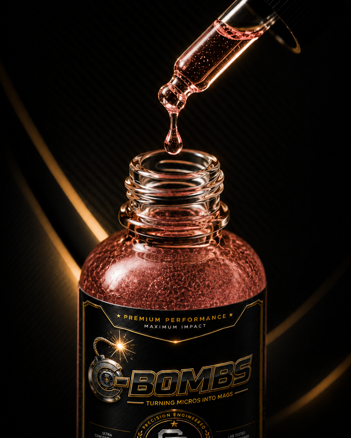 Close-up of C—BOMBS liquid dripping from the dropper