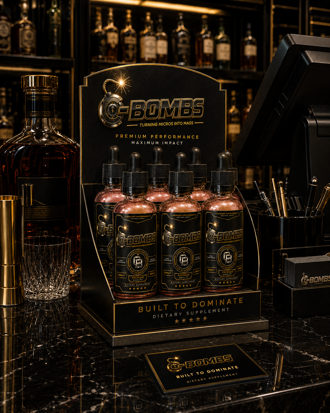 C—BOMBS retail countertop display in a premium liquor store