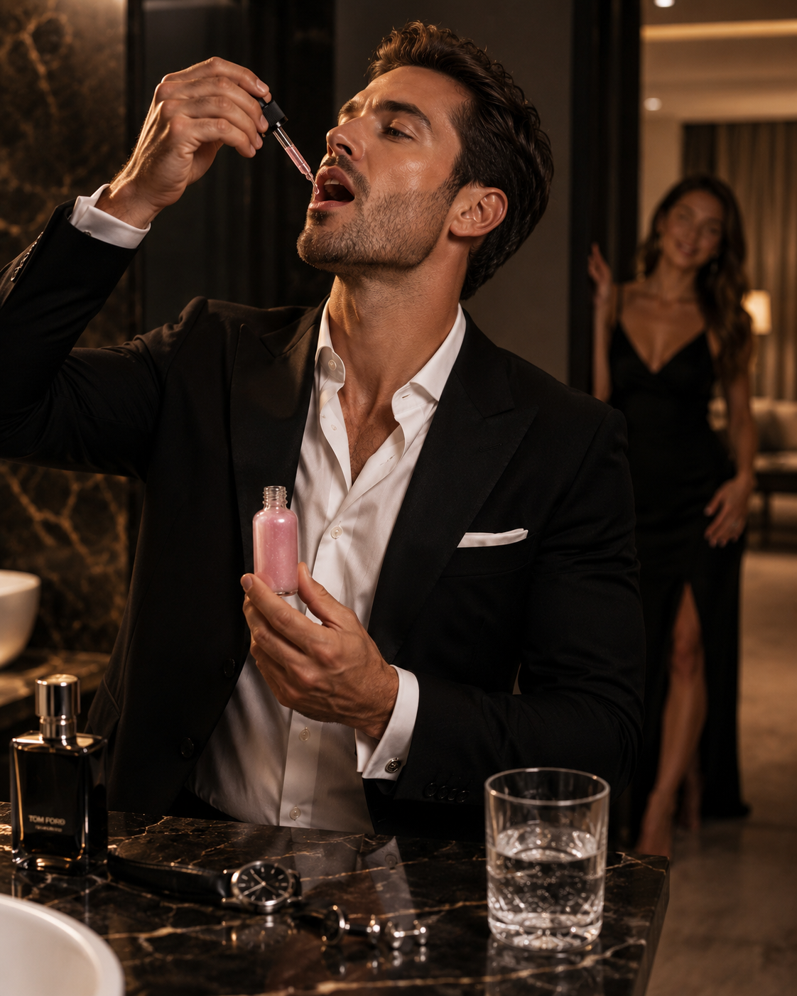Black-tie evening drop, woman in background