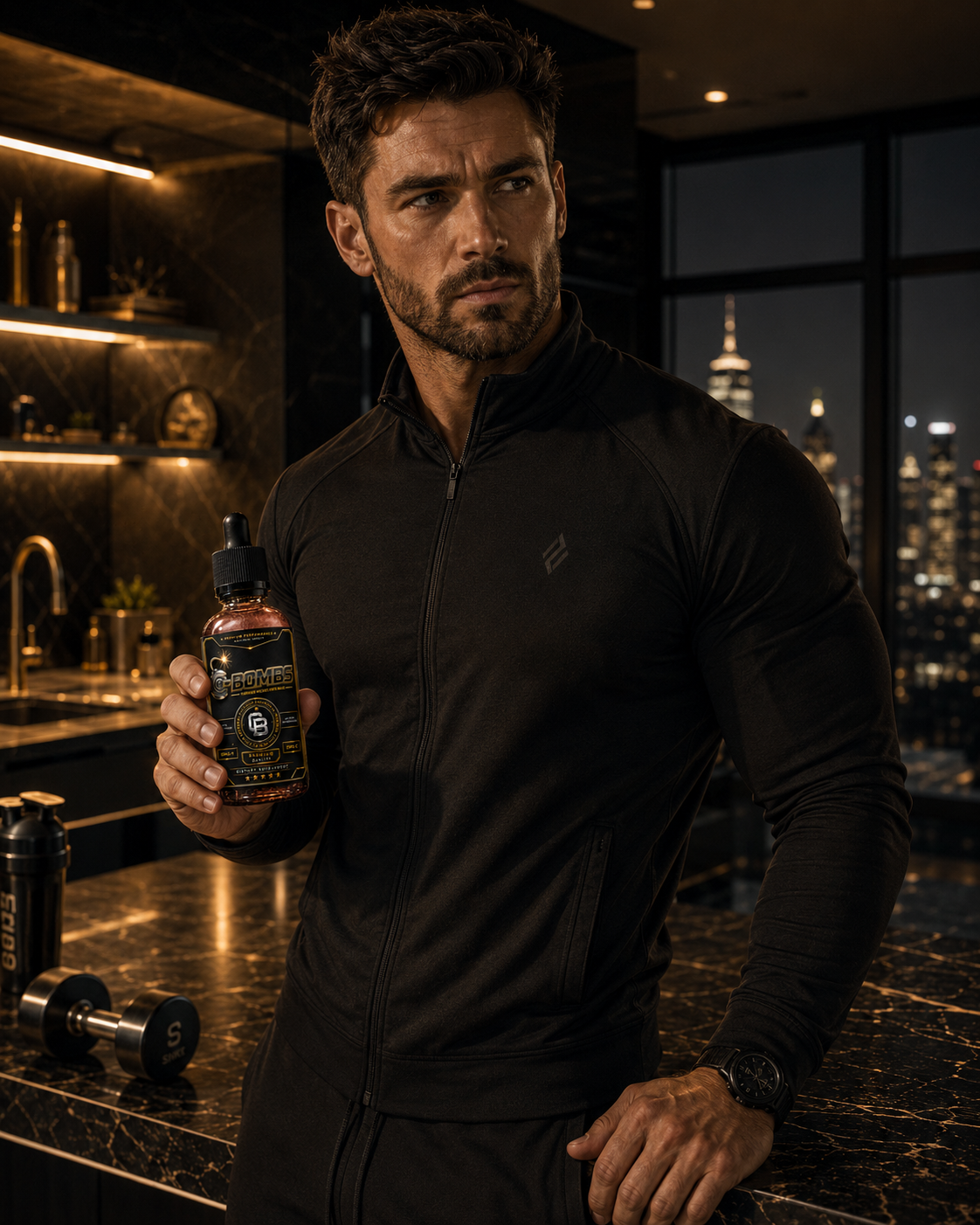 Operator holding a C—BOMBS bottle, scale and presence