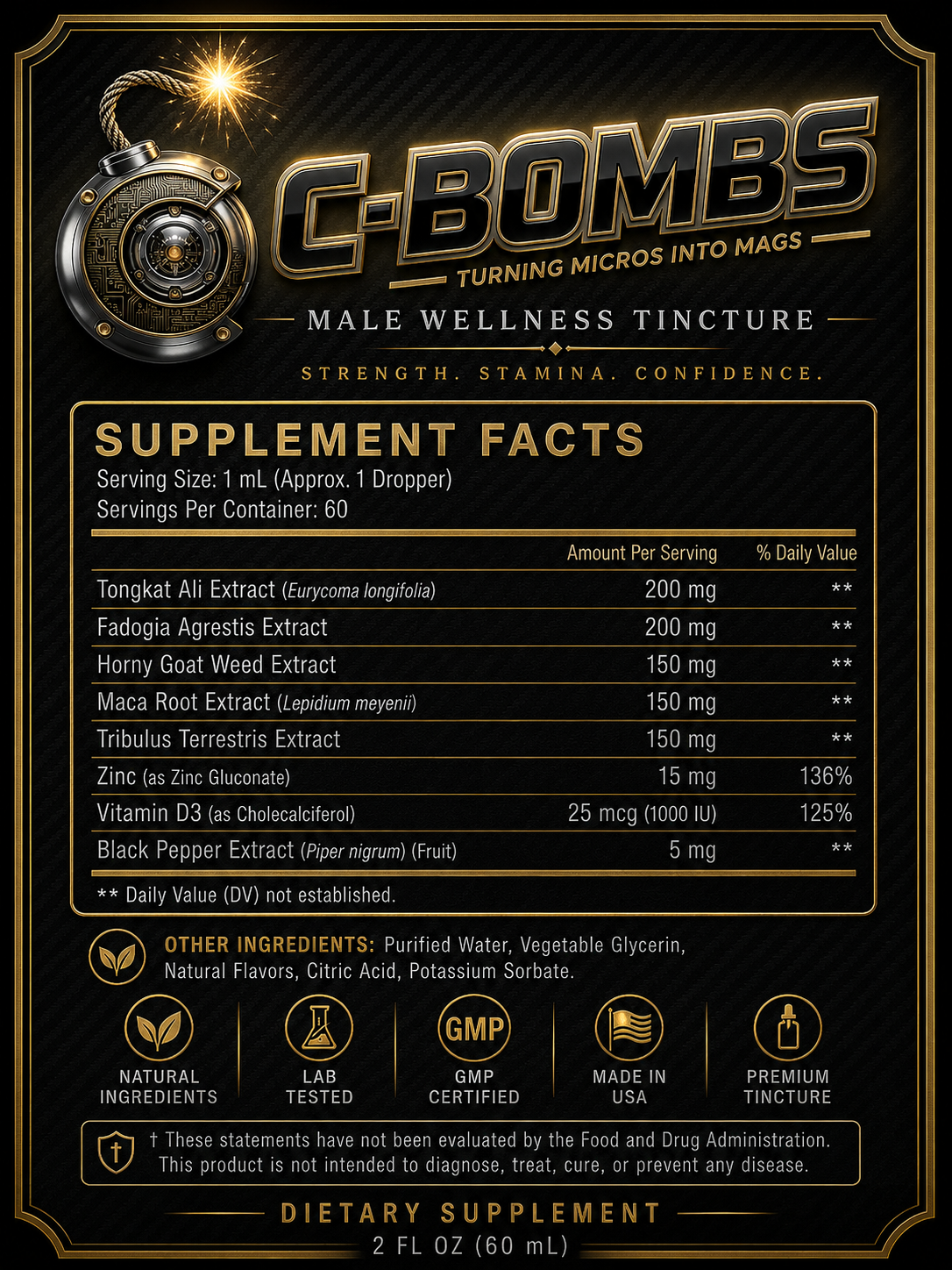 C—BOMBS Supplement Facts panel — ingredients, dosages, and certifications