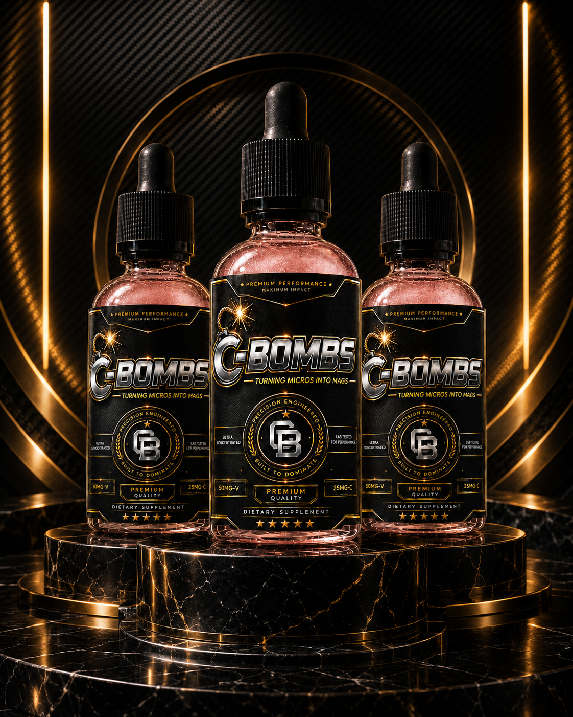 Three-bottle C—BOMBS luxury set on dark stone